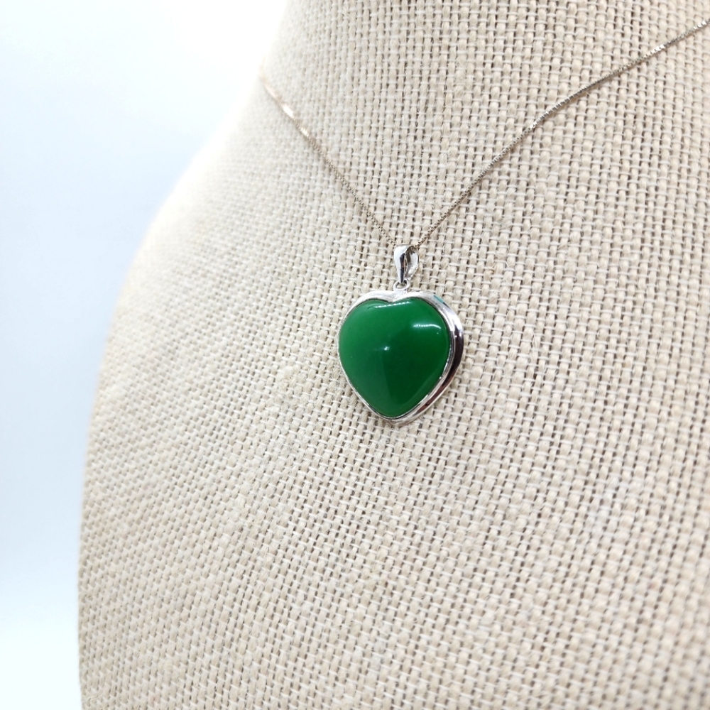 Natural Jade & Sterling Sliver Heart Pendant Signed HMK